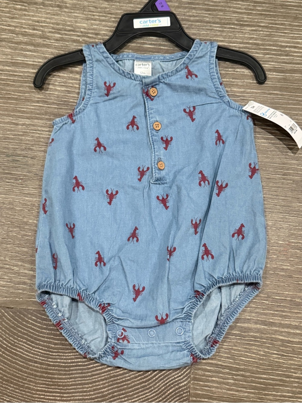 NWT Size 12 months Carter's Light Blue Chambray Lobster Bubble Romper
